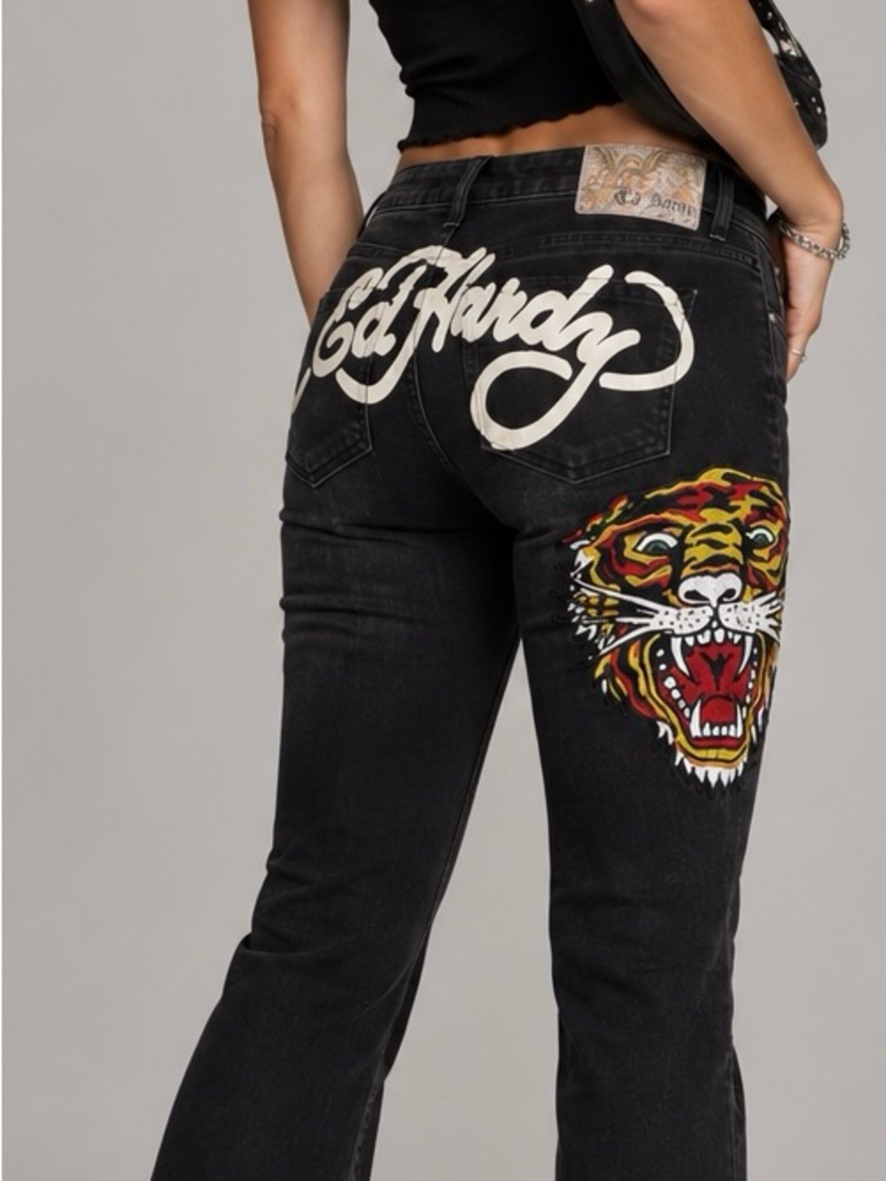 Y2K Tiger Embroidered Flare Jeans Ed Hardy Black Size 26 *